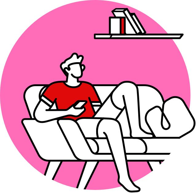 Illustration of a man watching television on a sofa underneath a small book shelf on a pink background
